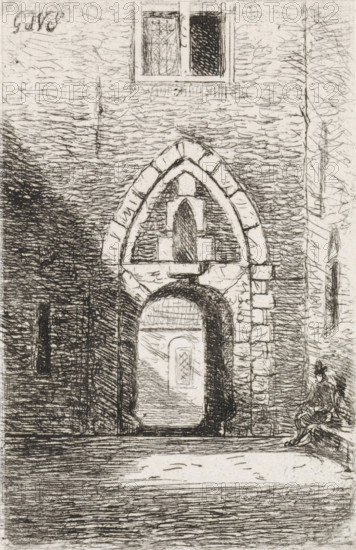 View of a gate, print, View of a gate. On the left a seated figure on a bench., printmaker:
