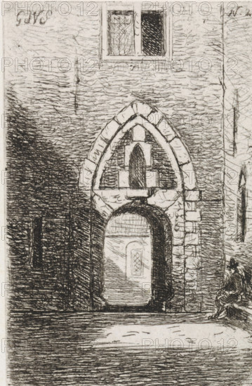 View of a gate, print, View of a gate. On the left, a seated figure on a bench. Top right N.2.,