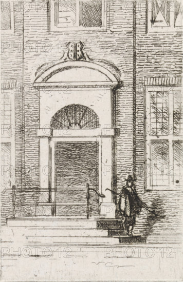 Man on a staircase at the door of a house, print, printmaker: Gijsbertus Johannes Verspuy,