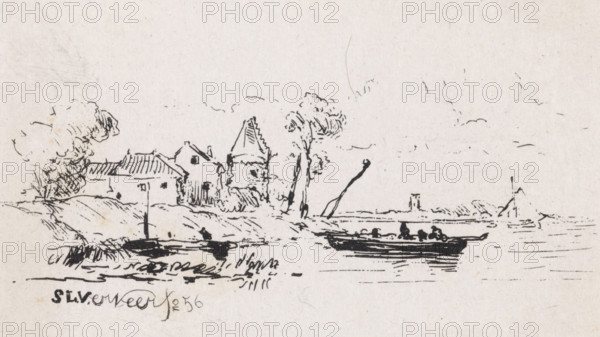 Figures in a sloop near houses on a river, print, printmaker: Salomon Leonardus Verveer, The Hague,