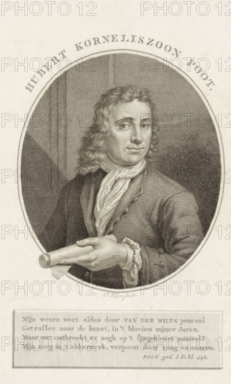Portrait of Hubert Korneliszoon Poot, print, poet and farmer in Abtswoude. In his hand a roll of