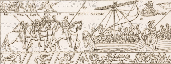William I the Conqueror on the embroidery of Queen Mathilde, print, printmaker: Daniël Veelwaard