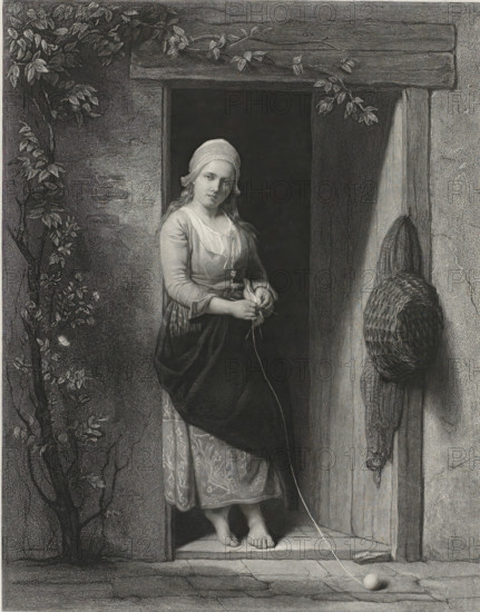 Young woman with knitting, print, A young woman with a headdress stands in a doorway with a