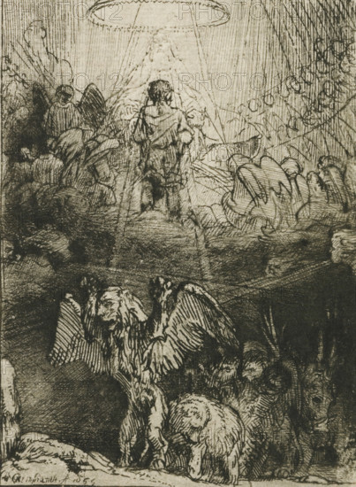 Daniel's vision of the four beasts, Four illustrations for a Spanish book, print, signature and