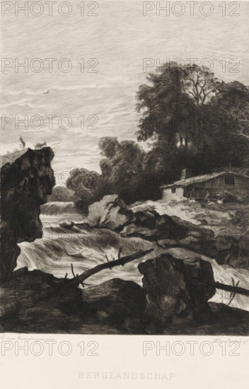 Mountain landscape, Mountain landscape with a river and waterfall, print, book illustration,