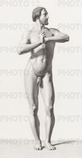 Standing male nude, print, with hands clasped., inscription: 'to the well-known Mr. Büchler, from