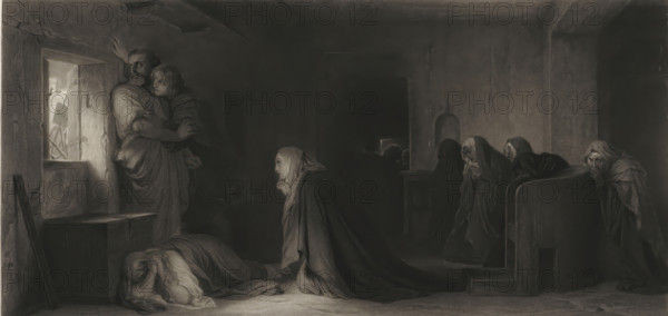 Interior with figures, print, printmaker: Edouard Girardet, after painting by Paul Delaroche,