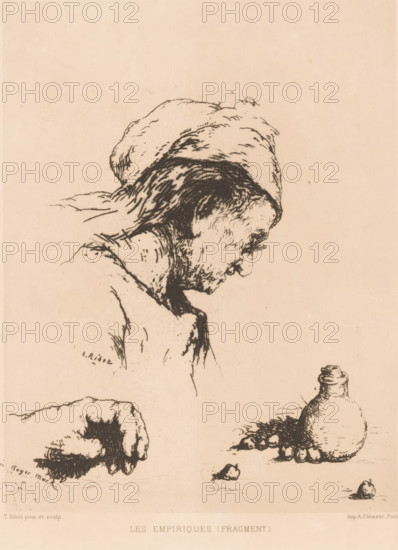 Composition with head of an old woman, a hand and a jug, Les Empiriques (Fragment), print,