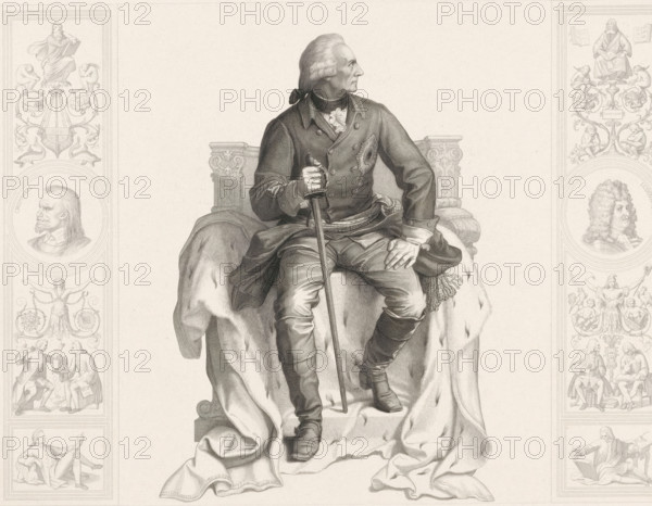 Sitting monarch, print, check stamp: 'DA ...', printmaker: Albert Teichel, Germany, after drawing