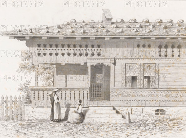 Canton of Bern - Brienzwiler., View of a house in the canton of Bern with two women, L'Architecture