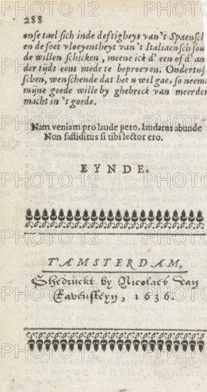 Leaf from a book with a publisher's address, book illustration, text sheet, publisher: Nicolaes van