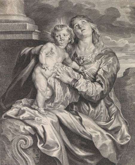 Mary with child, print, album page, Mary looks up to heaven. The Christ Child stands on her lap. In