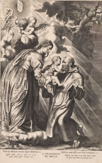 S. Franciscus de Pavla, Mary hands over the Christ Child to H. Francis of Paola, print, album page,