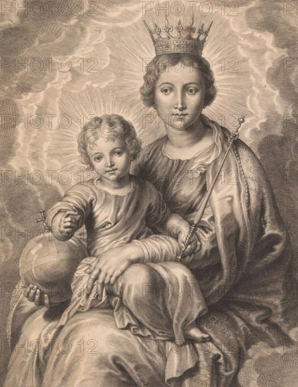 Maria mater dei, regina caeli, Mary with child and globe, print, album page, Mary with crown and