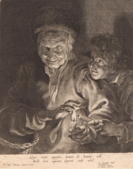 Old woman and boy with candles, print, album page, A boy takes over the flame from the old woman's
