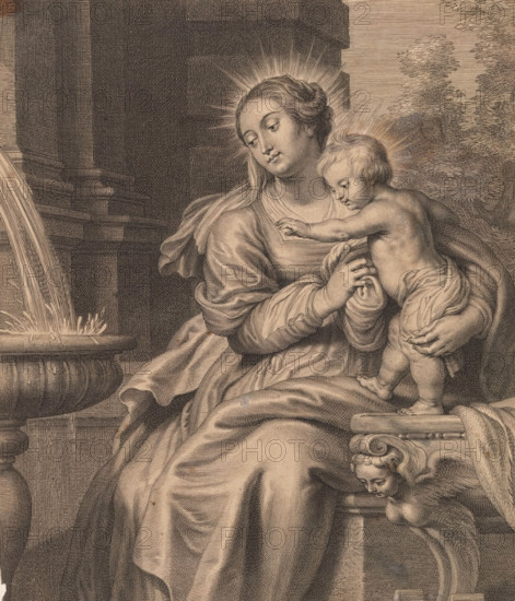 Puteus aquarum viventium, Fonteyn der houen, Mary with child by a fountain, print, album page, Mary
