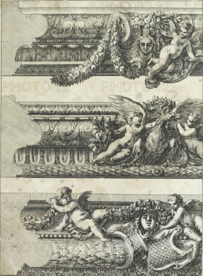 Three fragments of frames with profile, Bordures de Tableau a la Romaine, print, album page,