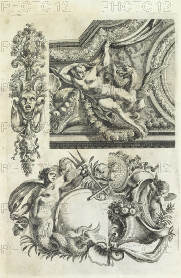 Ceiling and cartouche with triton, Varie soffiti, print, album page, ornamental print, At the