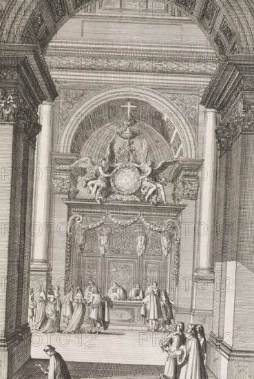 View in a church with a richly decorated choir stall, Nouuelles Inuentions pour faire les bancs des