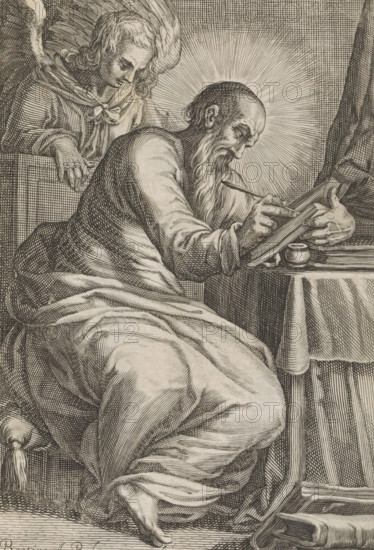 Evangelist Matthew, St. Matthew, print, album page, The evangelist Matthew is writing his Gospel.
