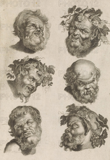 Six heads of satyrs, Satyrs, print, album page, Print is part of an album., printmaker: Coenraet