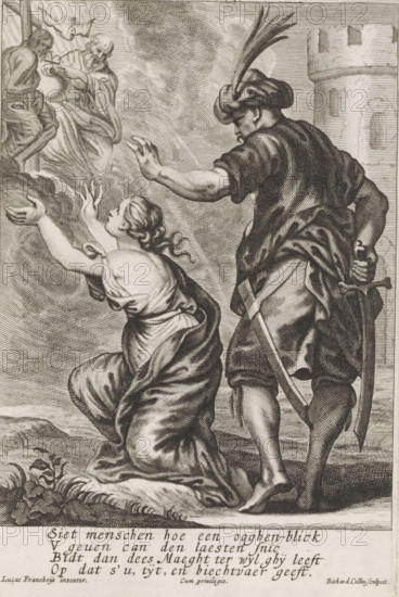 Woman turns to the Holy Trinity, print, album page, A woman, who is about to be slaughtered by an
