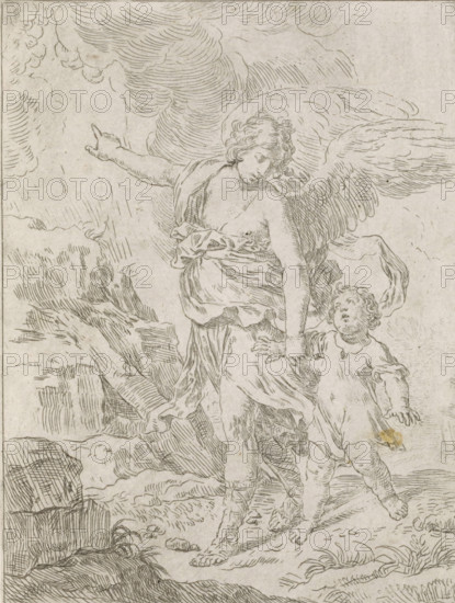 Angel takes child by the hand, print, album page, An angel takes a child by the arm and points him