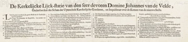 Text sheet accompanying the caricature of the funeral of Reverend Abraham van de Velde, 1677, The