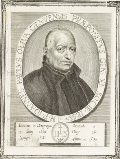 Portrait of the Italian priest Giovanni Paolo Oliva, print, book illustration, On the left page the