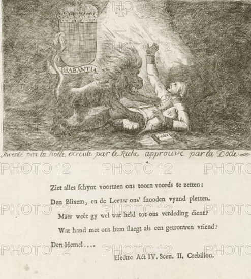 Brabant lion attacks Emperor Joseph II, Brabant Revolution, 1787-1790, cartoon, print, The Austrian
