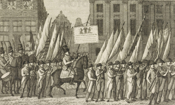 Transfer of the Victory Banners to Amsterdam City Hall, 1806, print, By order of King Louis