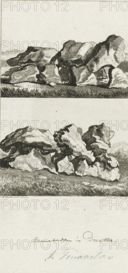 Megalithic tombs near Tinaarlo, print, historical object representation, Megalithic tombs near