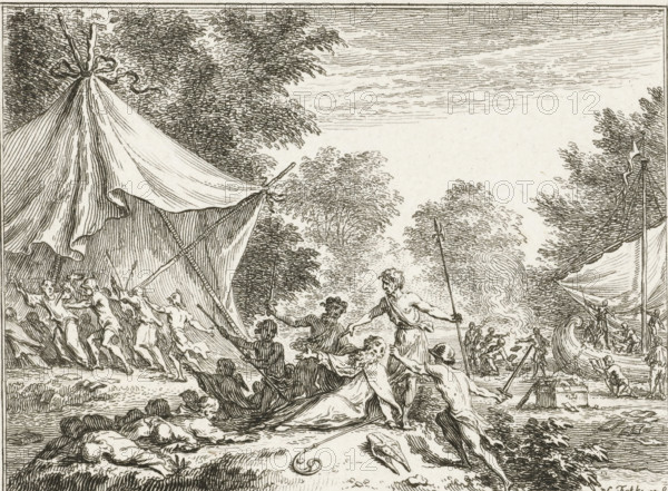 Bonifatius murdered at Dokkum, 754, print, historical print, Bonifatius murdered at Dokkum on June