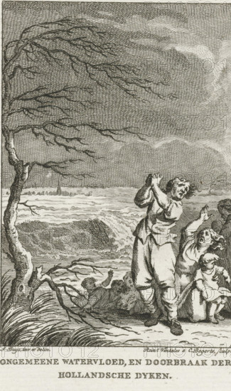 Uncommon flood, and breach of the Dutch dikes, Dike breach, 1530, print, historical print, Dike