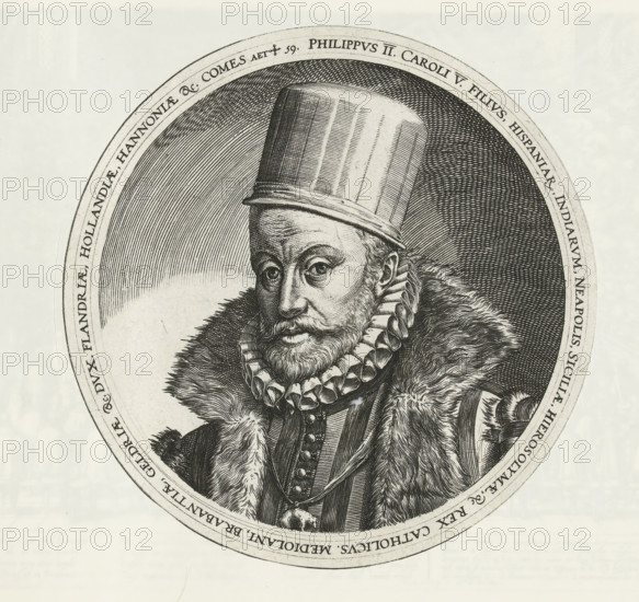 Philippus II, Portrait of Philip II, Series 2: Events in the Netherlands, 1555-1558, print, album