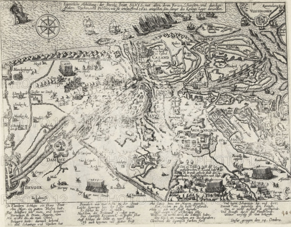 Actual depiction of the strong city of Sluys, with all its forts, redoubts, and excavated teychen,
