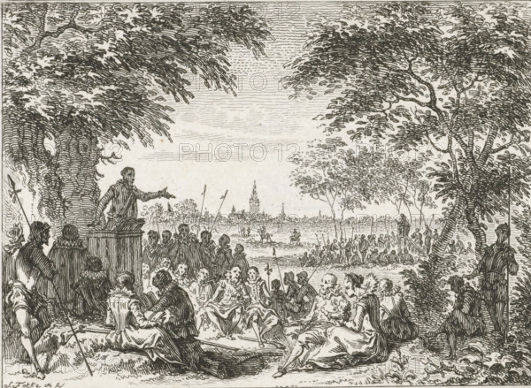 Public sermon in the field, 1566, print, historical print, 1566. Hedge sermon outside the city: a