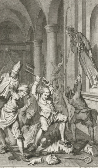 Iconoclasm in the Netherlands, Iconoclasm in a church, 1566, print, historical print, 1566. A group