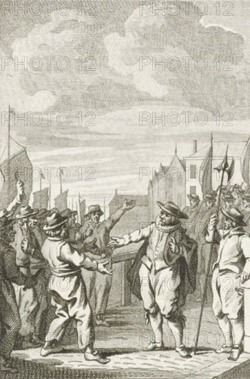 Mayor Joost Buyck calms the boatmen, 1567, print, historical print, Mayor Joost Buyck has soldiers