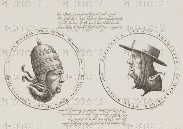 Double-headed caricature of the Pope with the Devil and the Cardinal with a Jester, 1685, cartoon,