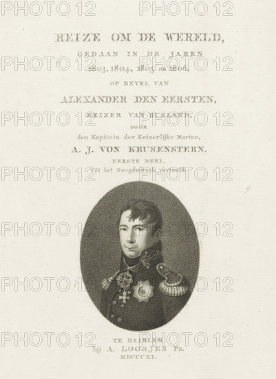 Portrait of Alexander I, Title page for: AJ von Krusenstern, Voyage around the world, 1811, print,