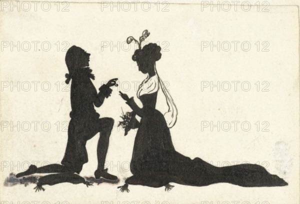 Design for In Holland staat een Huis: silhouettes of a man kneeling before a woman, drawing,