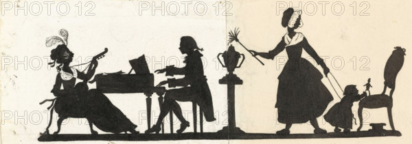 Design for In Holland staat een Huis: silhouettes of a musical couple and the maid looking after