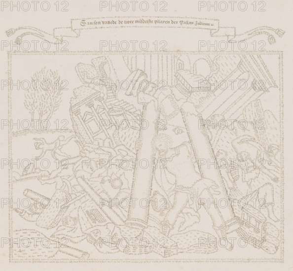 Samson destroys the temple of Dagon, drawing, calligraphy, Samson knocks over the two pillars of