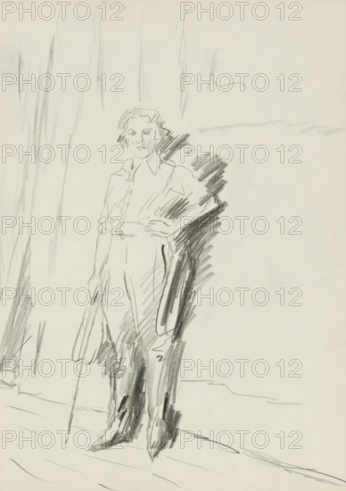 Standing figure in front of a wall or backdrop, sketchbook page, Possibly in a uniform. Sheet 13