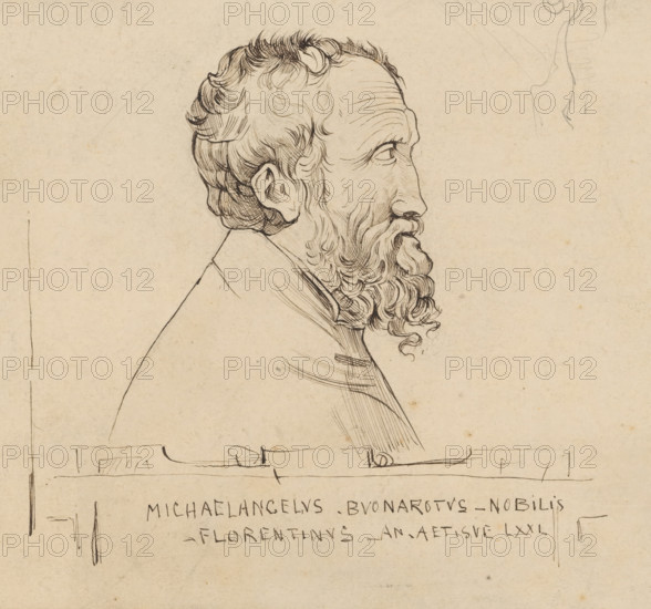 Portrait of Michelangelo at the age of 71, drawing, Portrait of Michelangelo with caption: