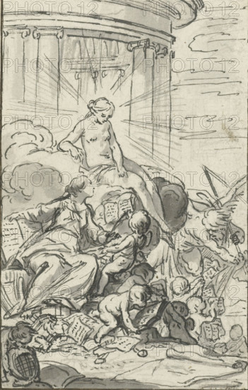 Allegory of History Studying Truth, drawing, design, Originally intended as a design for a