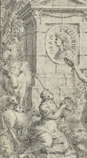 Shepherdesses admiring a medallion portrait of Virgil, drawing, design, Design for a print., recto,
