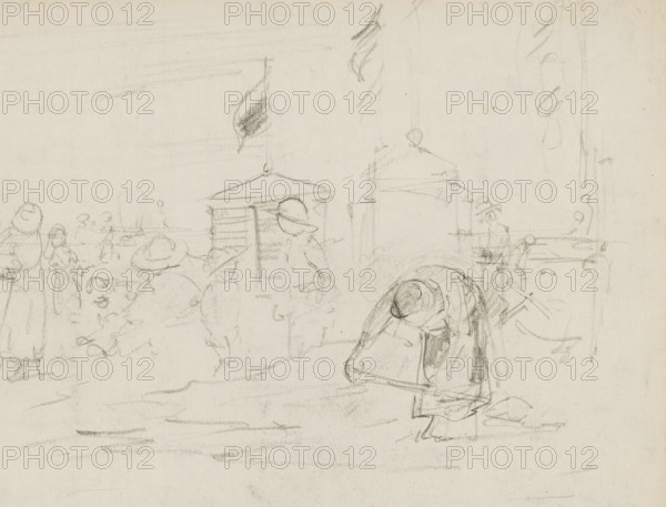 Beach scene with figures and changing rooms, sketchbook page, In the foreground a woman bent over