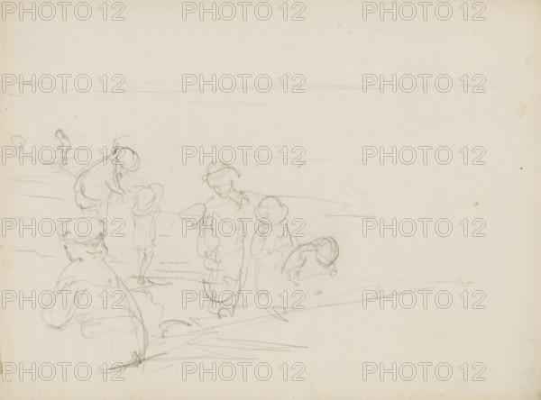 Children playing at the waterline, sketchbook page, Page 14 verso from a sketchbook with 17 pages.,